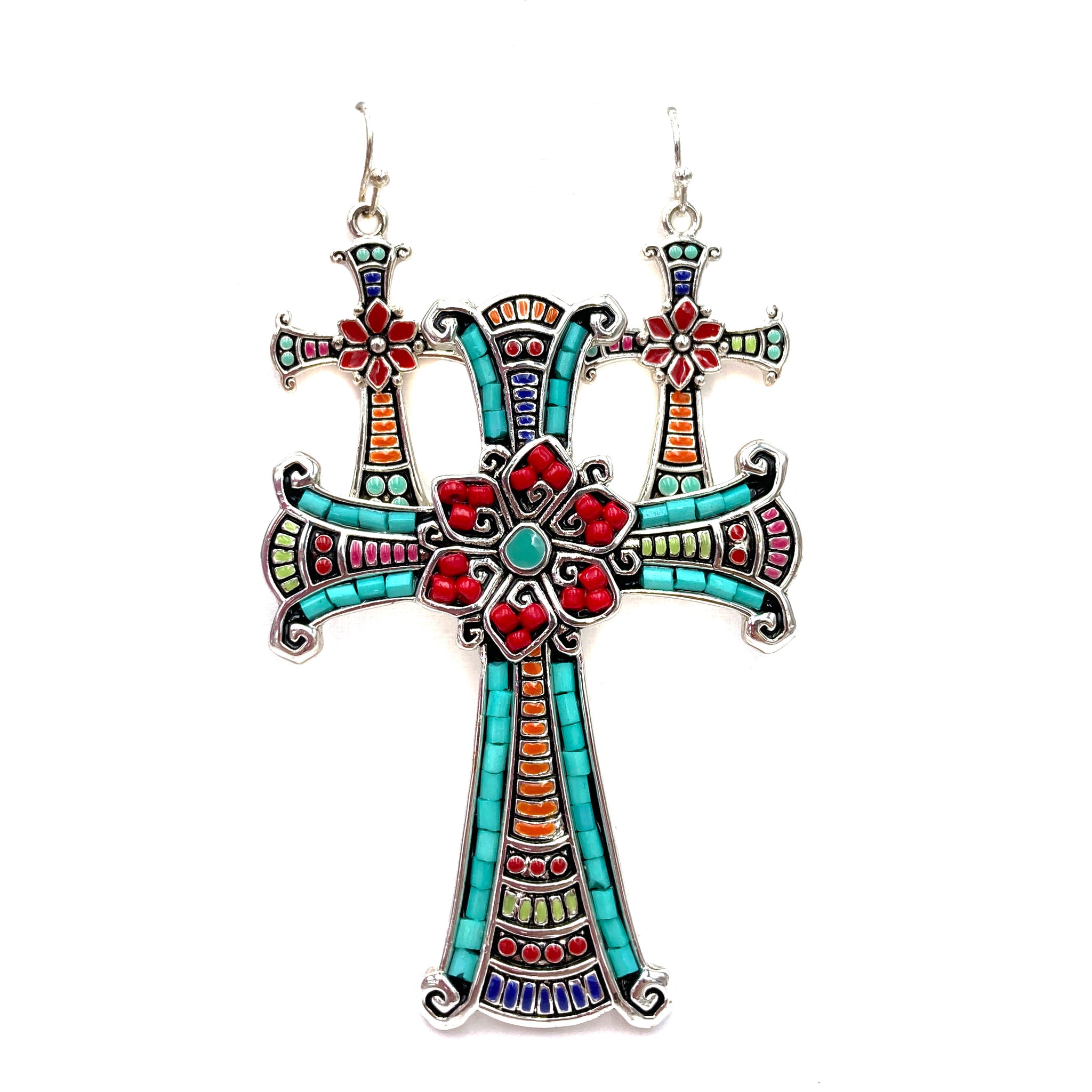 Turquoise Red Beaded Floral Cross Pendant with Earrings