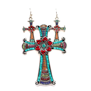 Turquoise Red Beaded Floral Cross Pendant with Earrings