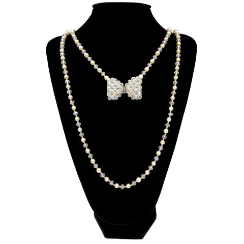 Crystal Pearl Ribbon Long Opera Necklace