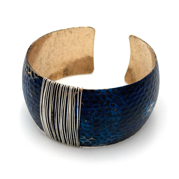 Dark Ocean Blue Silver Wire Gold Cuff