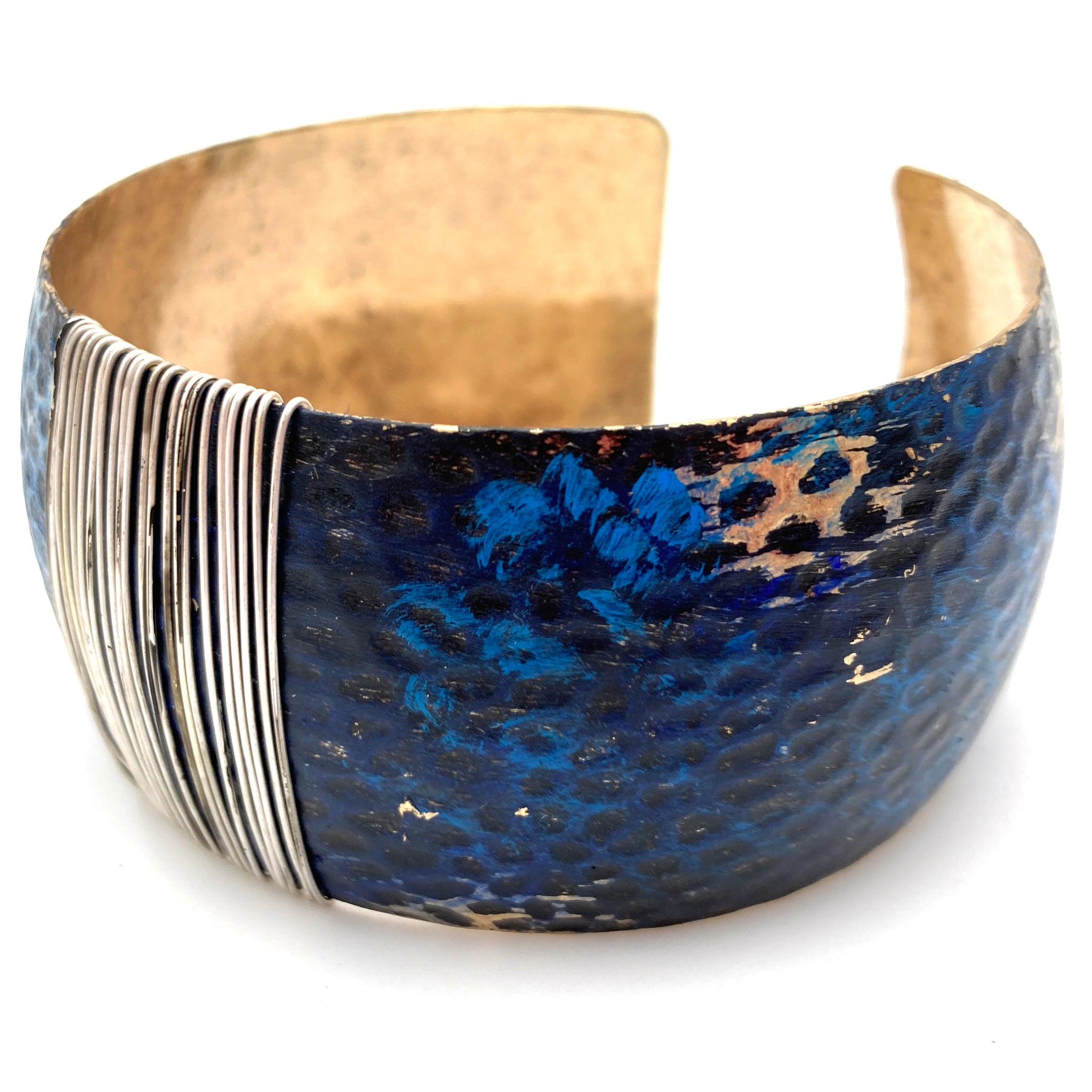 Dark Ocean Blue Silver Wire Gold Cuff