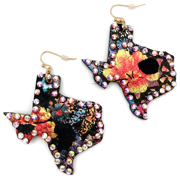 Texas Flower Print Cowhide Leather Rhinestone Earrings