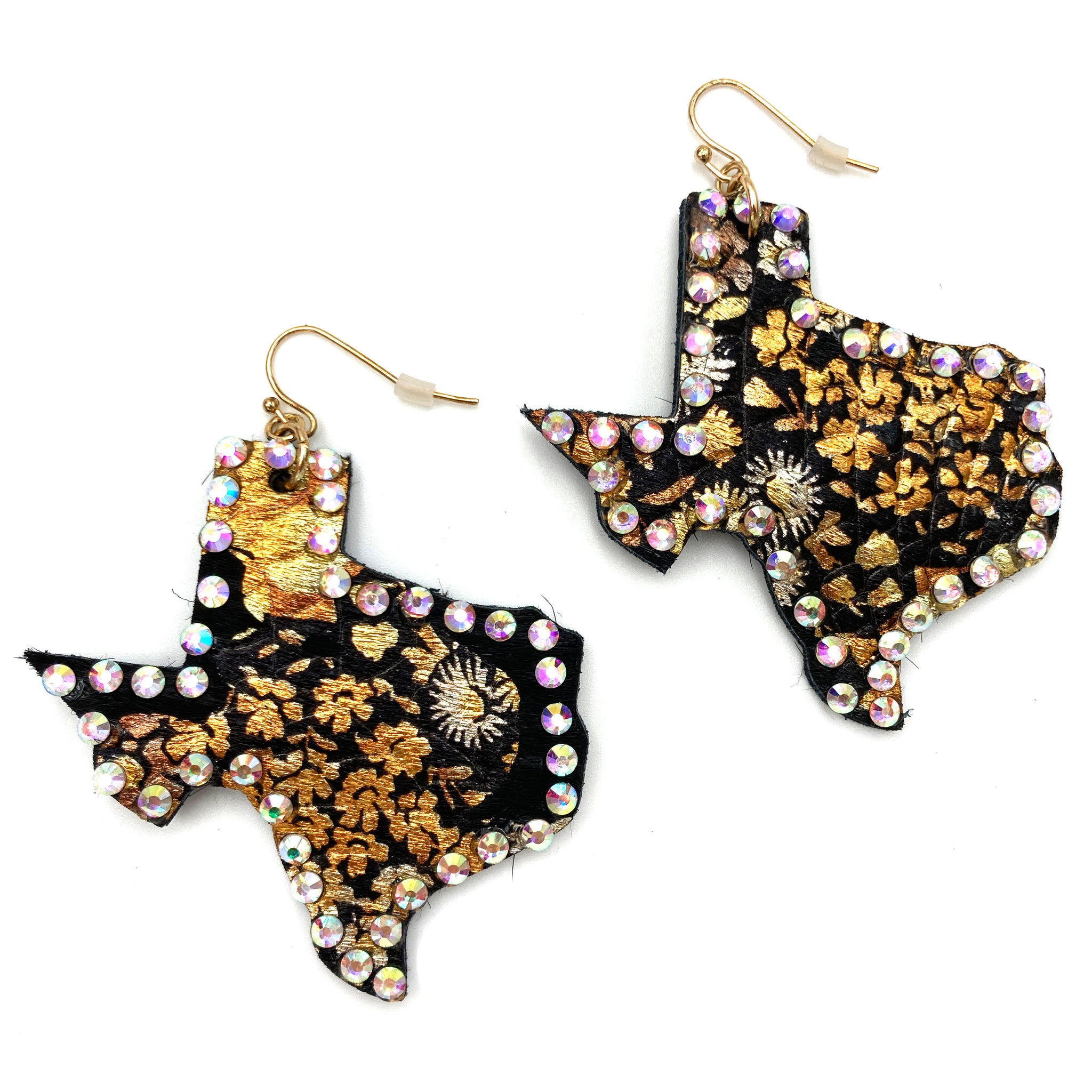 Texas Flower Print Cowhide Leather Rhinestone Earrings