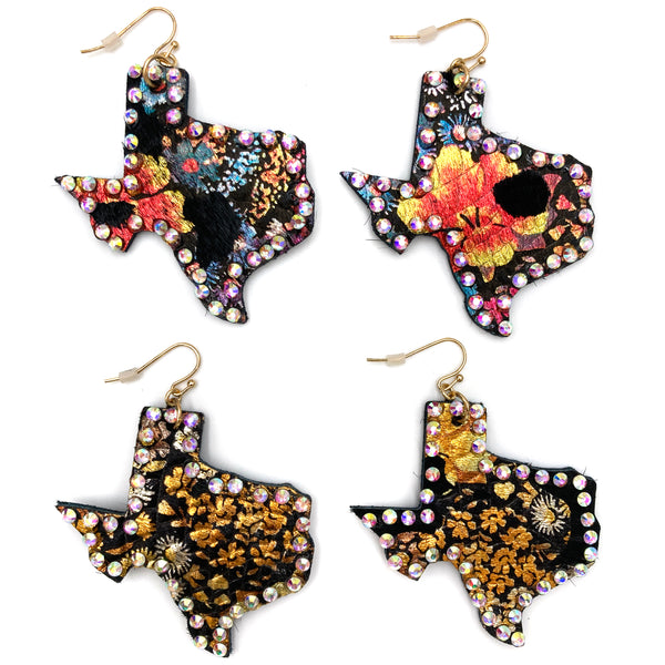 Texas Flower Print Cowhide Leather Rhinestone Earrings