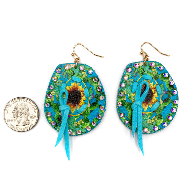 Turquoise Sunflower Floral AB Rhinestone Blue Earrings