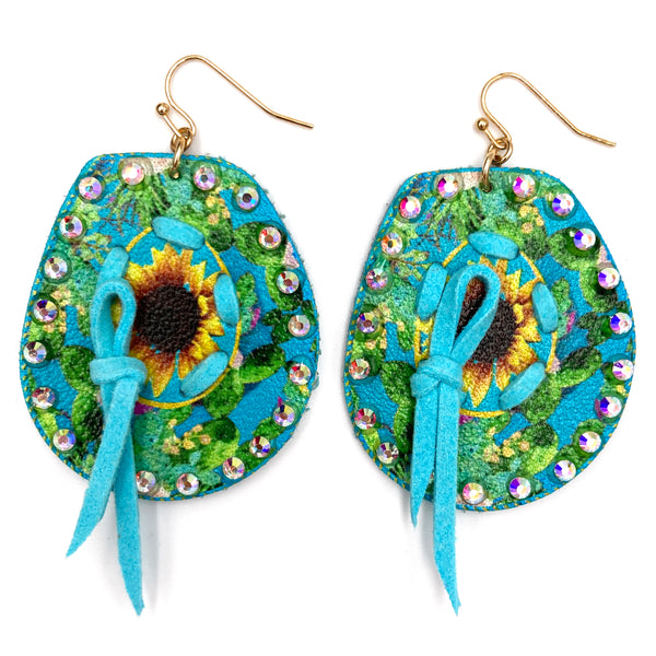 Turquoise Sunflower Floral AB Rhinestone Blue Earrings