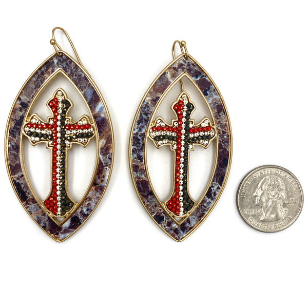 Cross Stone Beaded Large Gold Earrings Red White Grey