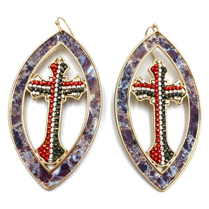 Cross Stone Beaded Large Gold Earrings Red White Grey