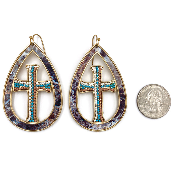 Cross Stone Beaded Large Gold Earrings White Turquoise Brown