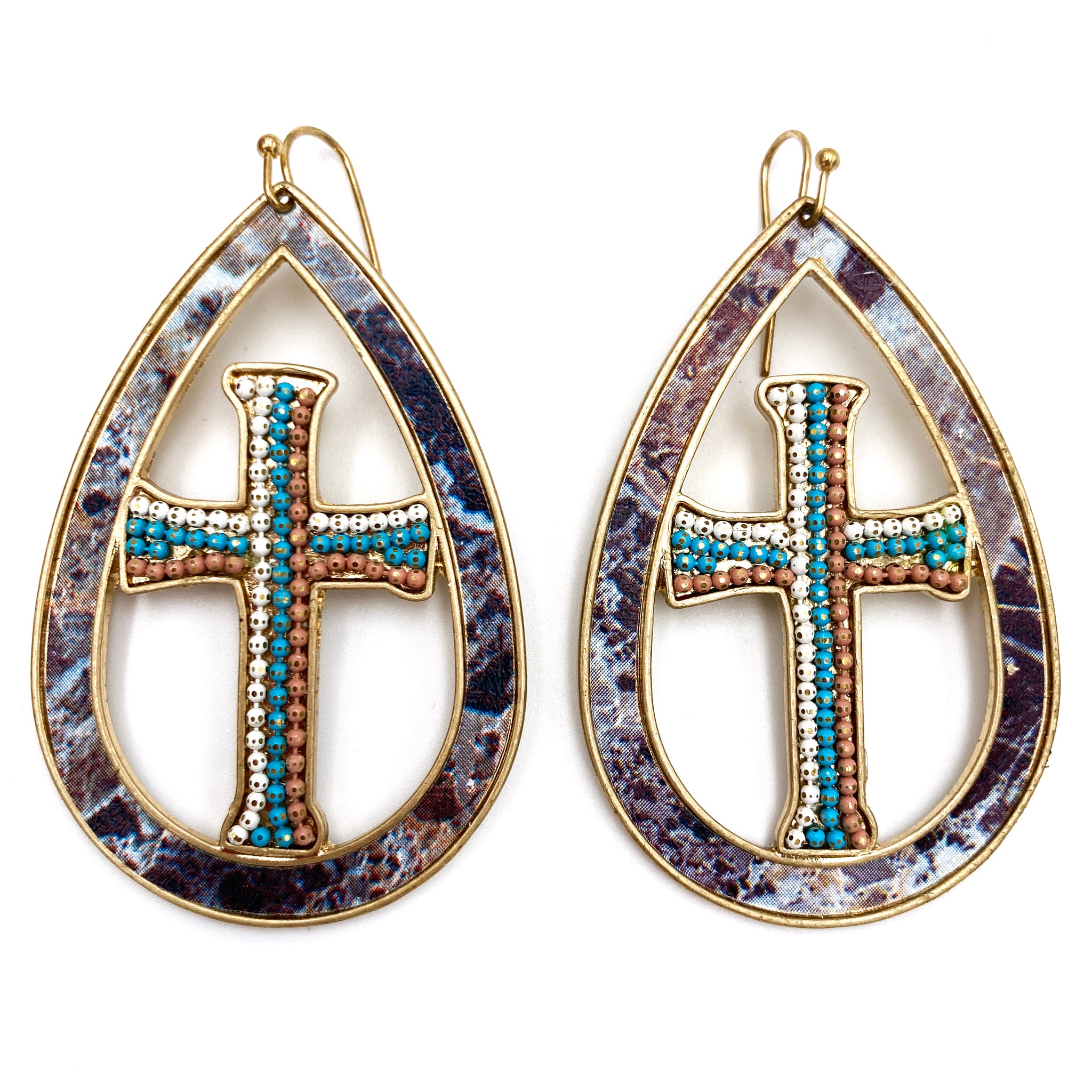 Cross Stone Beaded Large Gold Earrings White Turquoise Brown