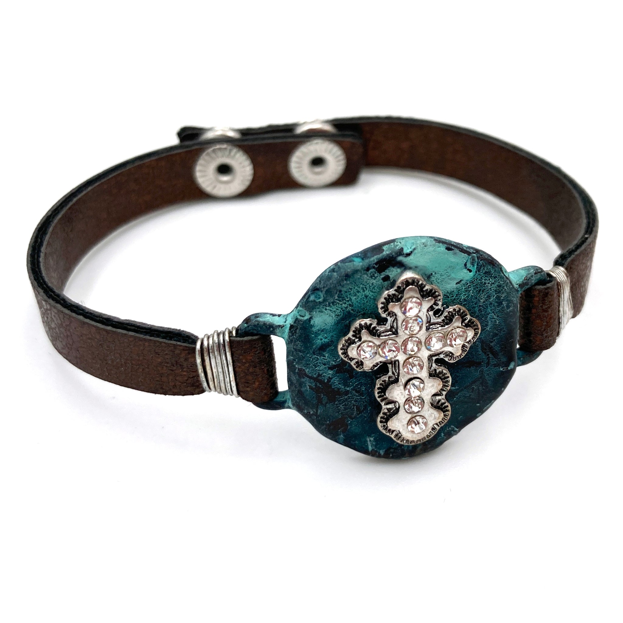 Concho Cross Patina Turquoise Band Snap Bracelet