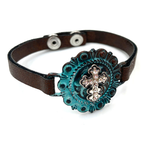 Concho Cross Patina Turquoise Band Snap Bracelet