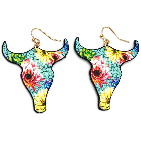 Longhorn Flower Print Hook Earrings