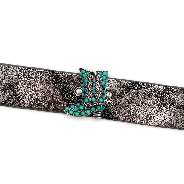 Turquoise Stone Western Boot Strap Silver Band Bracelet