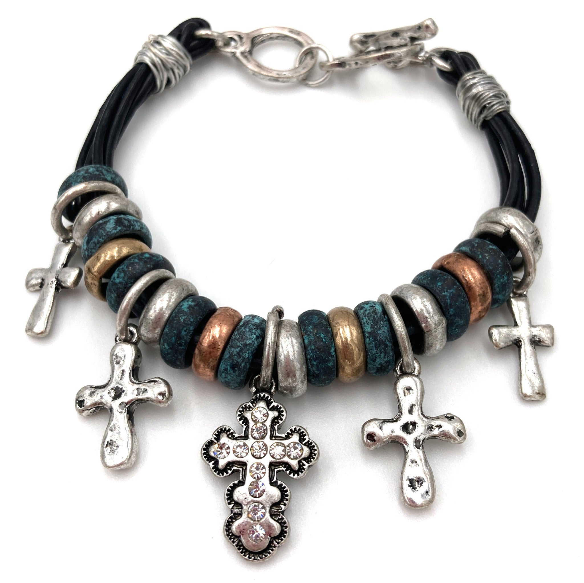 Cross Charm Clasp Patina Silver Copper Gold Bracelet