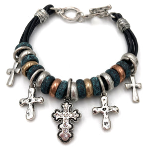 Cross Charm Clasp Patina Silver Copper Gold Bracelet