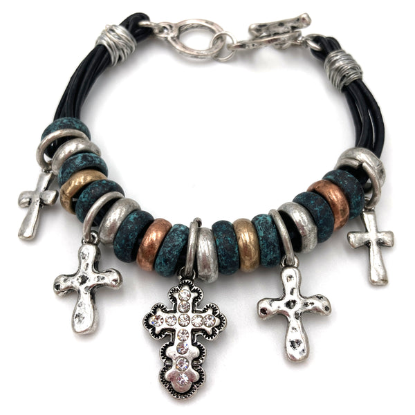Cross Charm Clasp Patina Silver Copper Gold Bracelet