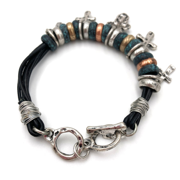 Cross Charm Clasp Patina Silver Copper Gold Bracelet
