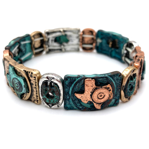 Patina Texas Star Horseshoe Bullet Western Stretch Bracelet