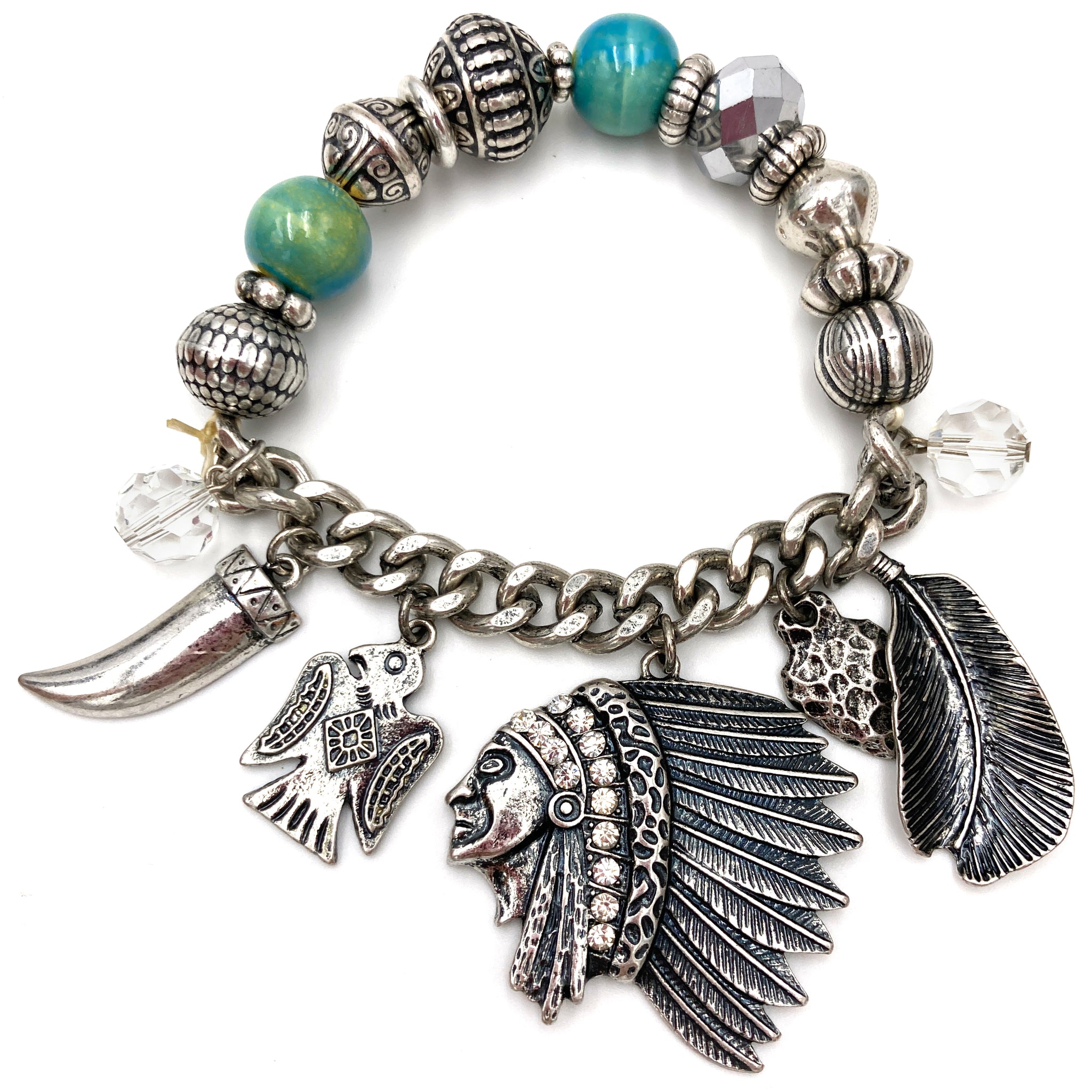 Indian Chieftain Native Charms Chain Stretch Bracelet