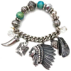 Indian Chieftain Native Charms Chain Stretch Bracelet