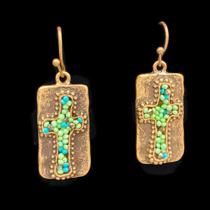 Turquoise Beads Gold Hammered Cross Hook Earrings