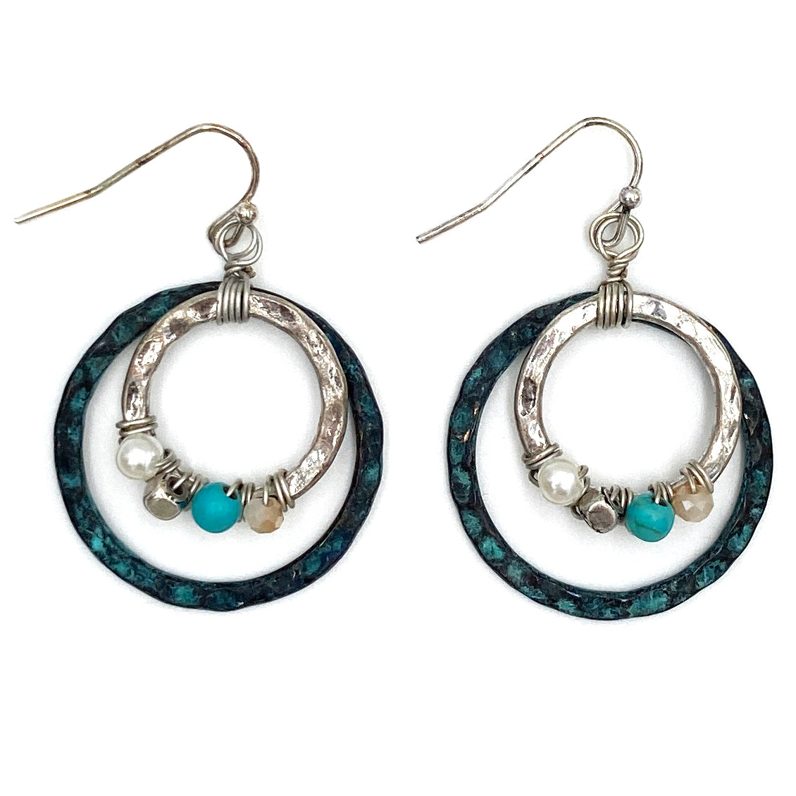 Turquoise Beads Hammered Hoop Silver Patina Hook Earrings