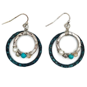 Turquoise Beads Hammered Hoop Silver Patina Hook Earrings