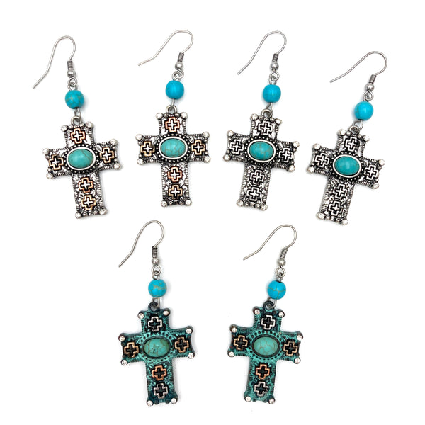 Cross Turquoise Stone Rhinestone Hook Earrings