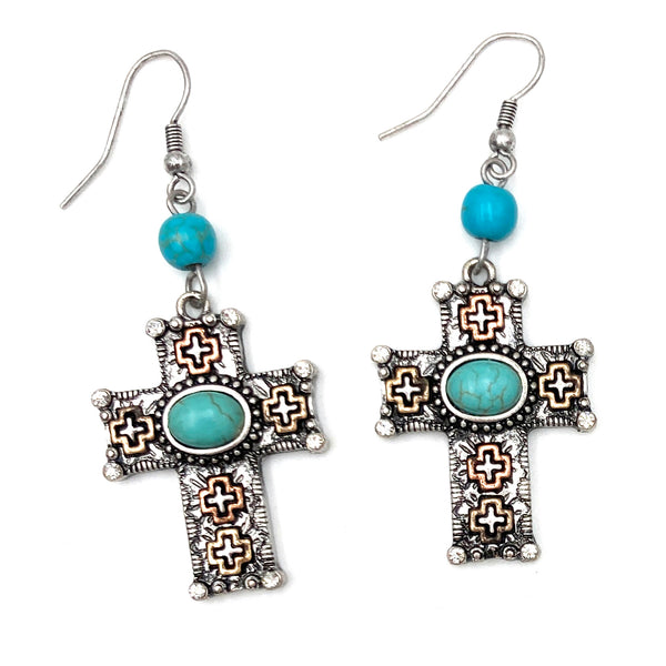 Cross Turquoise Stone Rhinestone Hook Earrings