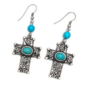 Cross Turquoise Stone Rhinestone Hook Earrings