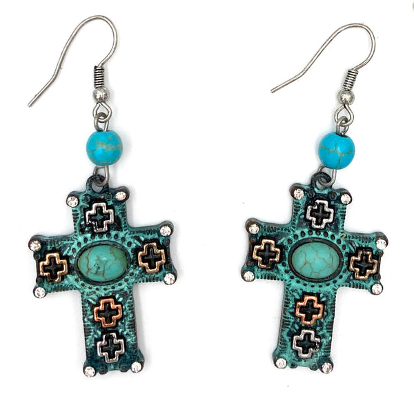 Cross Turquoise Stone Rhinestone Hook Earrings