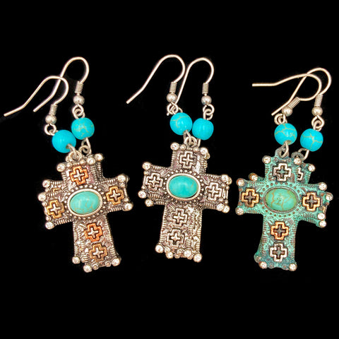 Cross Turquoise Stone Rhinestone Hook Earrings