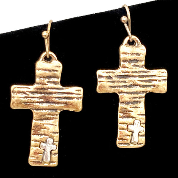 Hammered Cross on Cross Hook Earrings