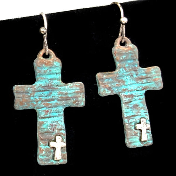 Hammered Cross on Cross Hook Earrings