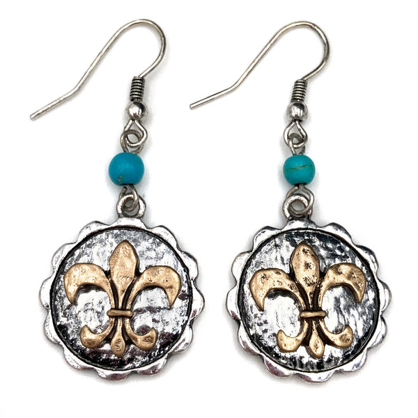 Fleur De Lis Circle Turquoise Dangle Hook Earring