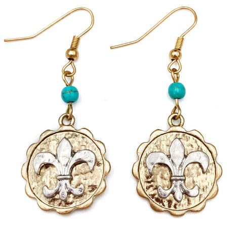 Fleur De Lis Circle Turquoise Dangle Hook Earring