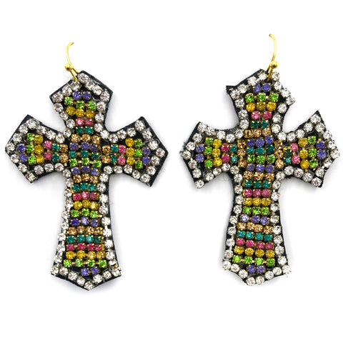 Cross Rhinestone Filled Rainbow Multicolor Fabric Earrings