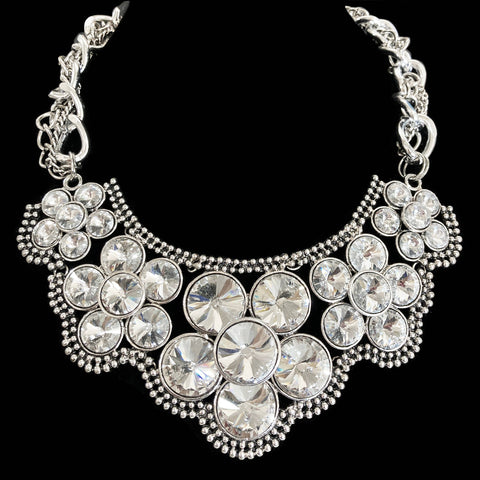 Large Chunky Rhinestone Crystal Flower Silver Necklace