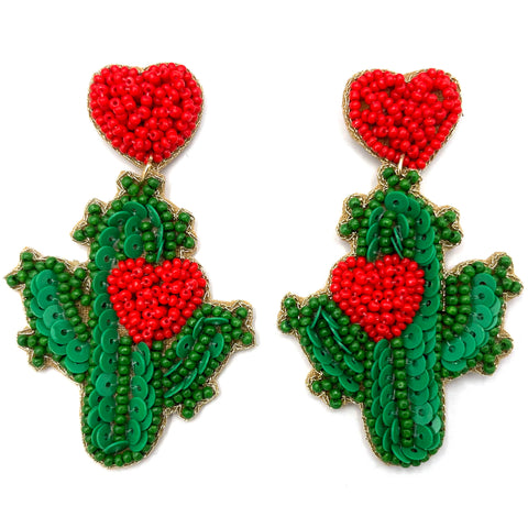 Green Saguaro Cactus with Red Hearts Sequin and Seed Bead Dangle Earrings