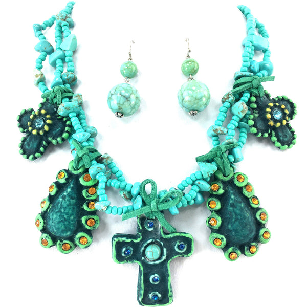 Chunky Bead Small Cross Stone Charms Necklace Earrings Set