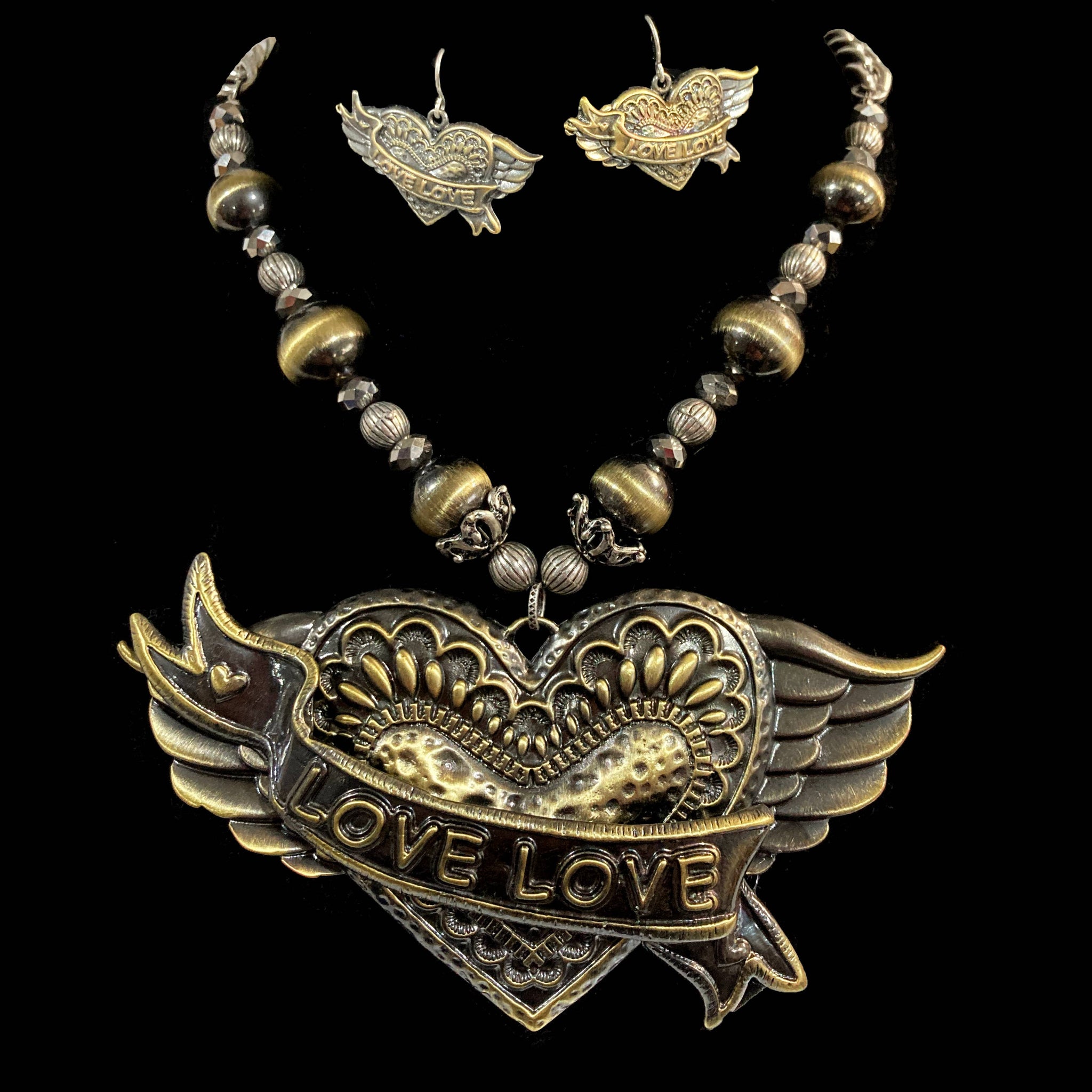 Heart Angel Wing Love Large Necklace Earring Set