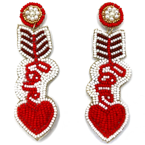 Red White Maroon and Gold Love Text with Heart Arrow Seed Bead Dangle Earrings