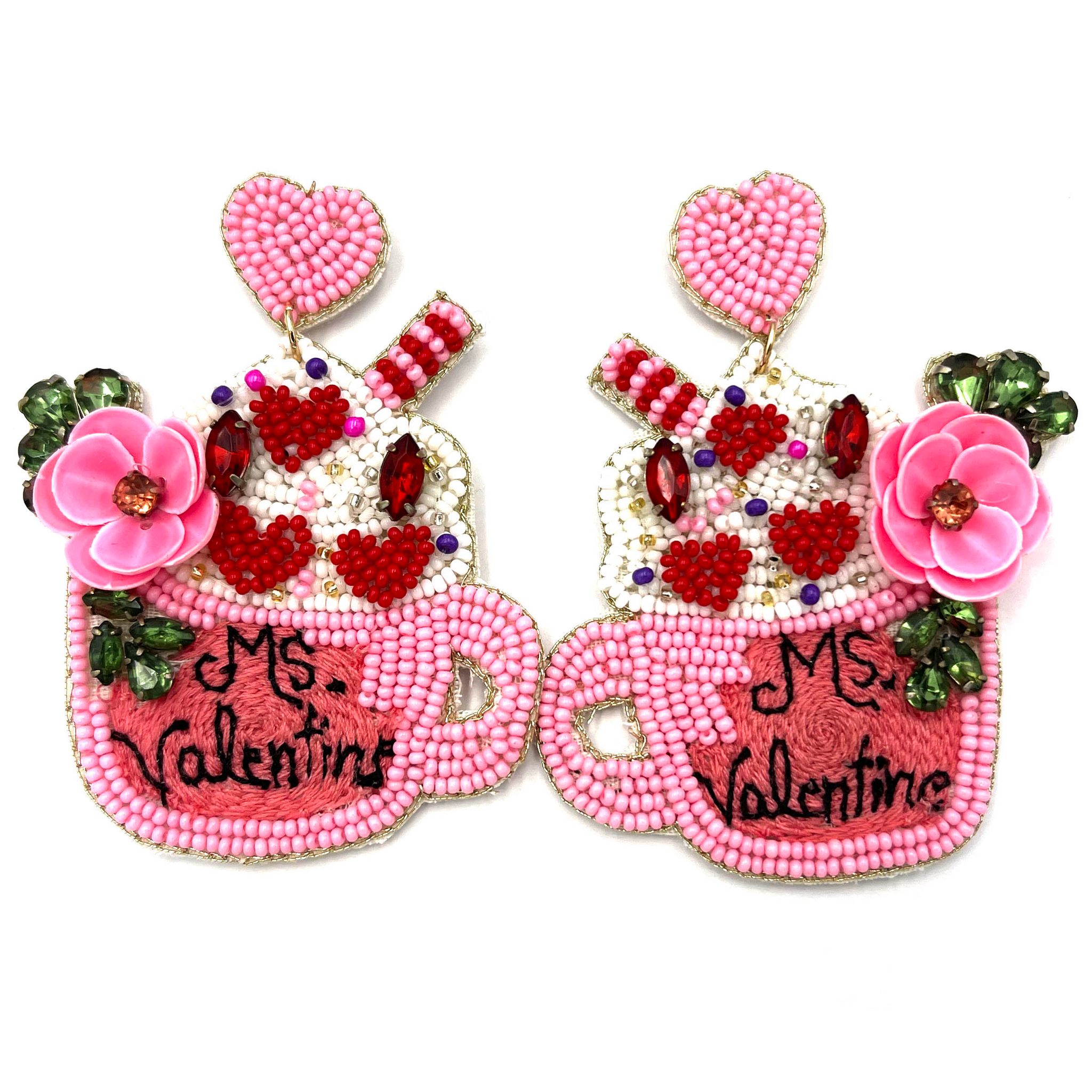 Pink and White Ms Valentines Latte Mug with Hearts and Flowers Seed Bead Dangle Earrings