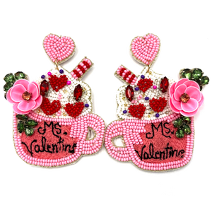 Pink and White Ms Valentines Latte Mug with Hearts and Flowers Seed Bead Dangle Earrings