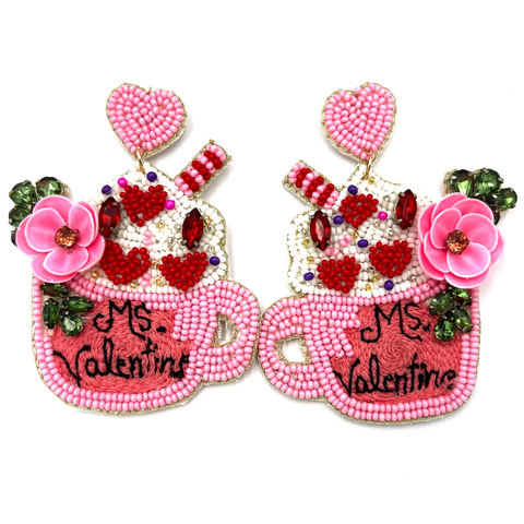 Pink and White Ms Valentines Latte Mug with Hearts and Flowers Seed Bead Dangle Earrings