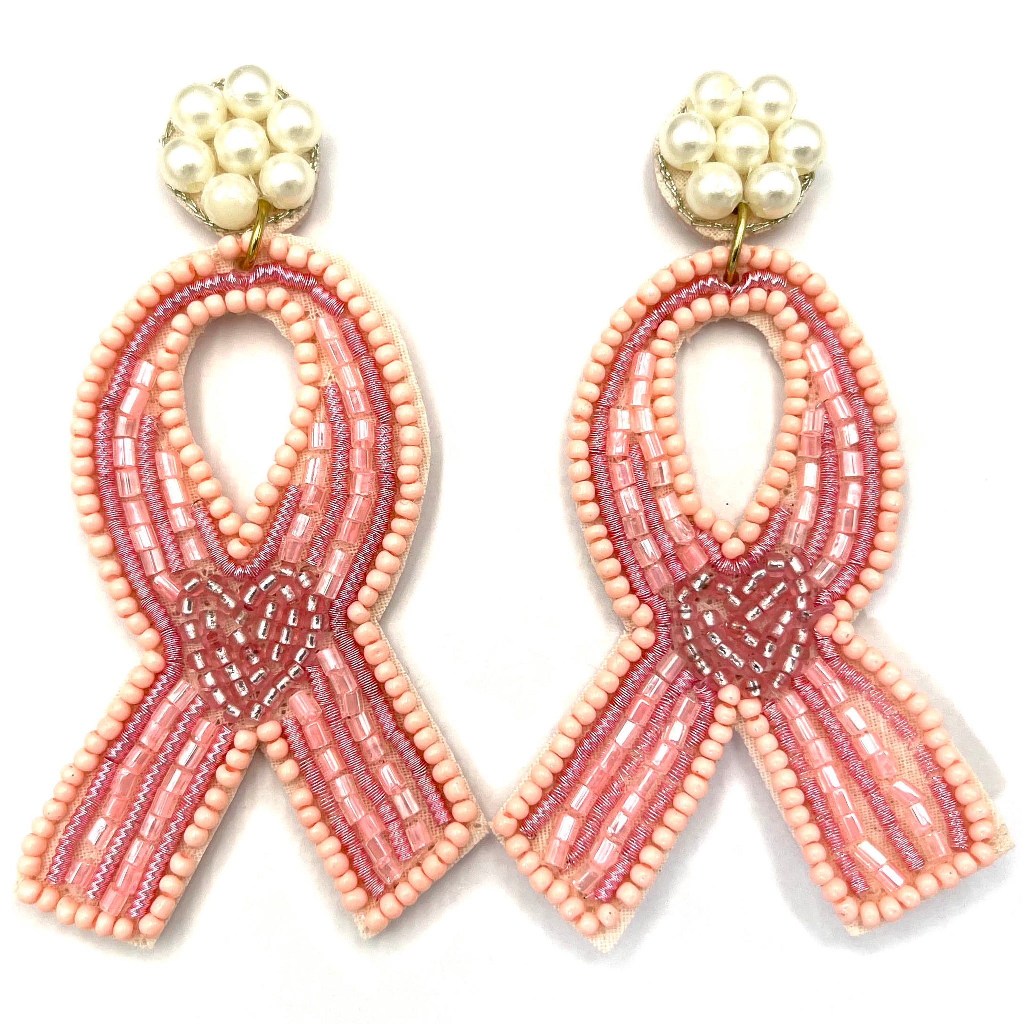 Breast Cancer Pink Ribbon Pearl Heart Seed Bead Dangle Earrings