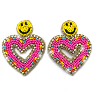 Rhinestone Studded Multicolored Heart and Yellow Smiley Face Seed Bead Dangle Earrings